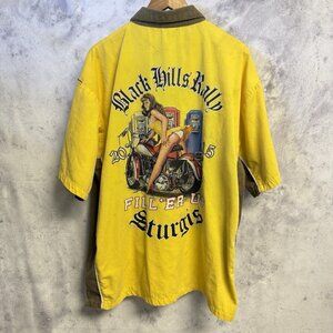 Vintage Black Hills Rally Sturgis Shirt Mens 2XL 28.5x30 Yellow Button Up